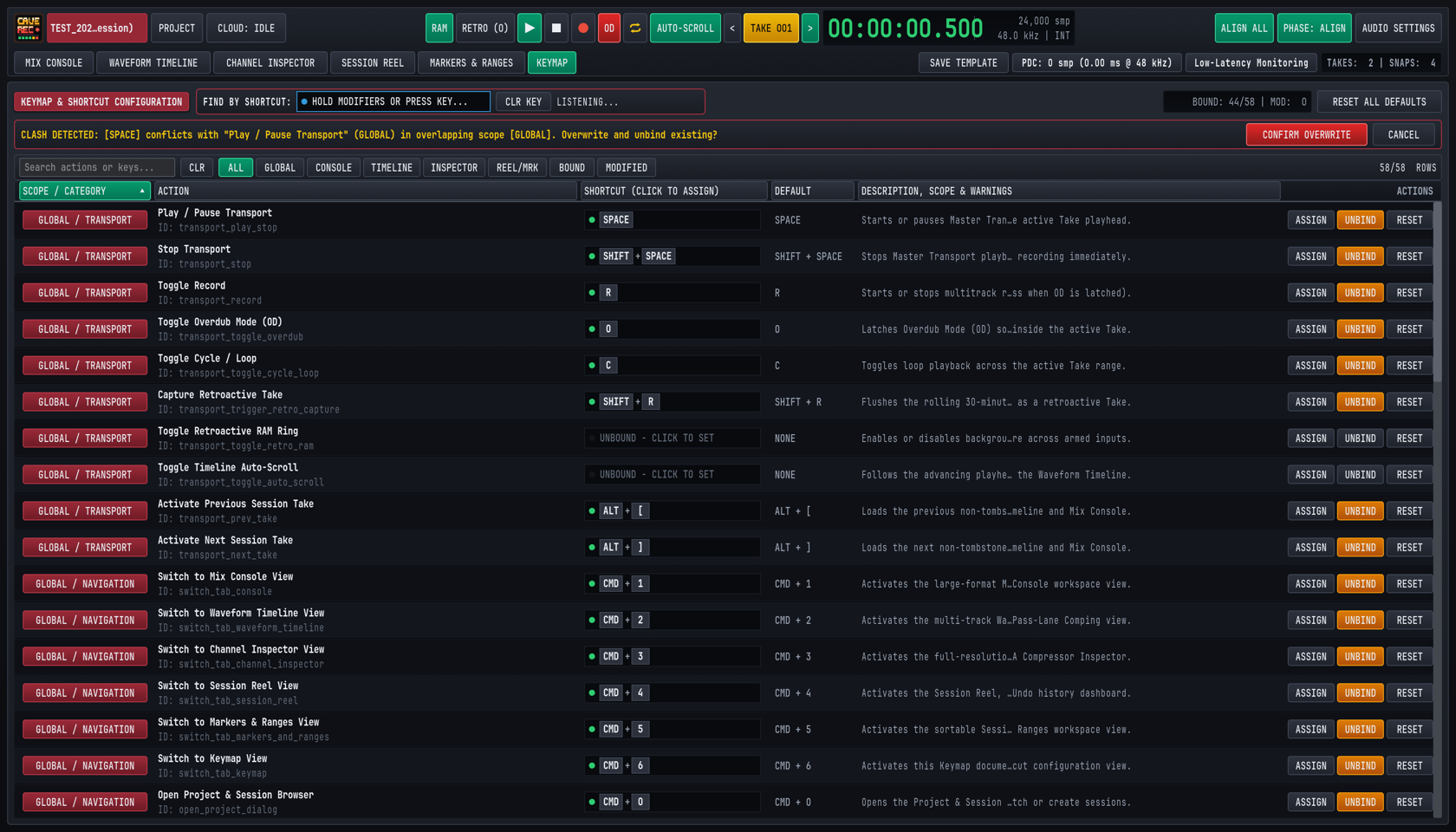 The Keymap View showing keyboard shortcut scopes, search filtering, conflict warnings, and custom shortcut recording.