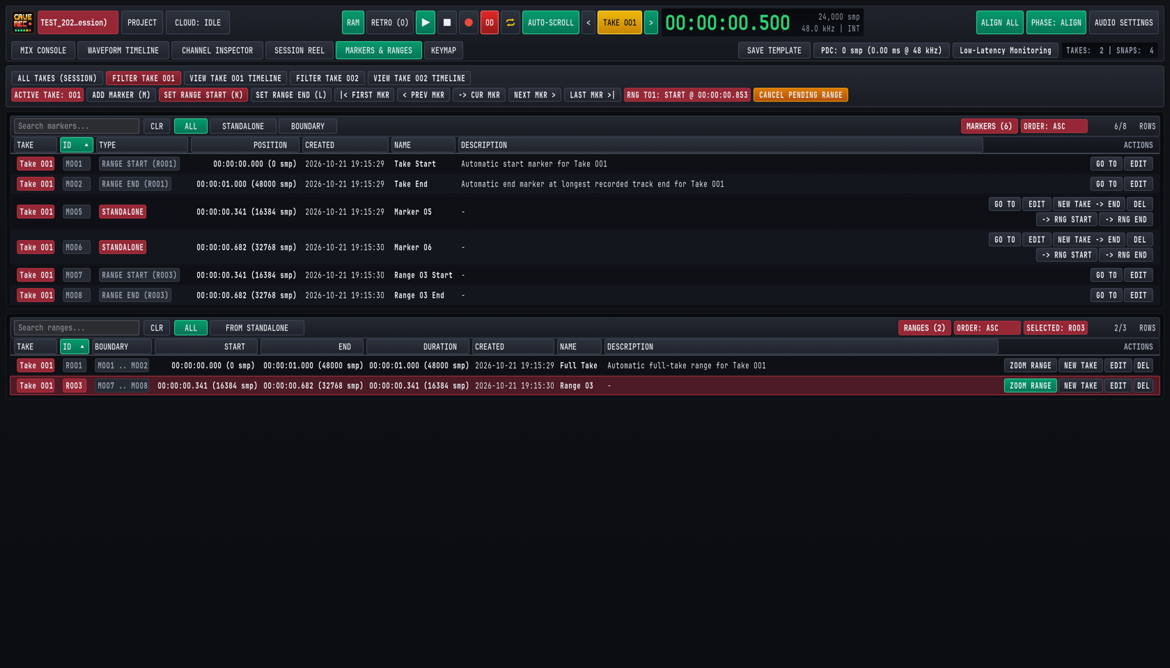 The Markers and Ranges management view showing timestamped cue markers, loop range boundaries, and Take Split tools.