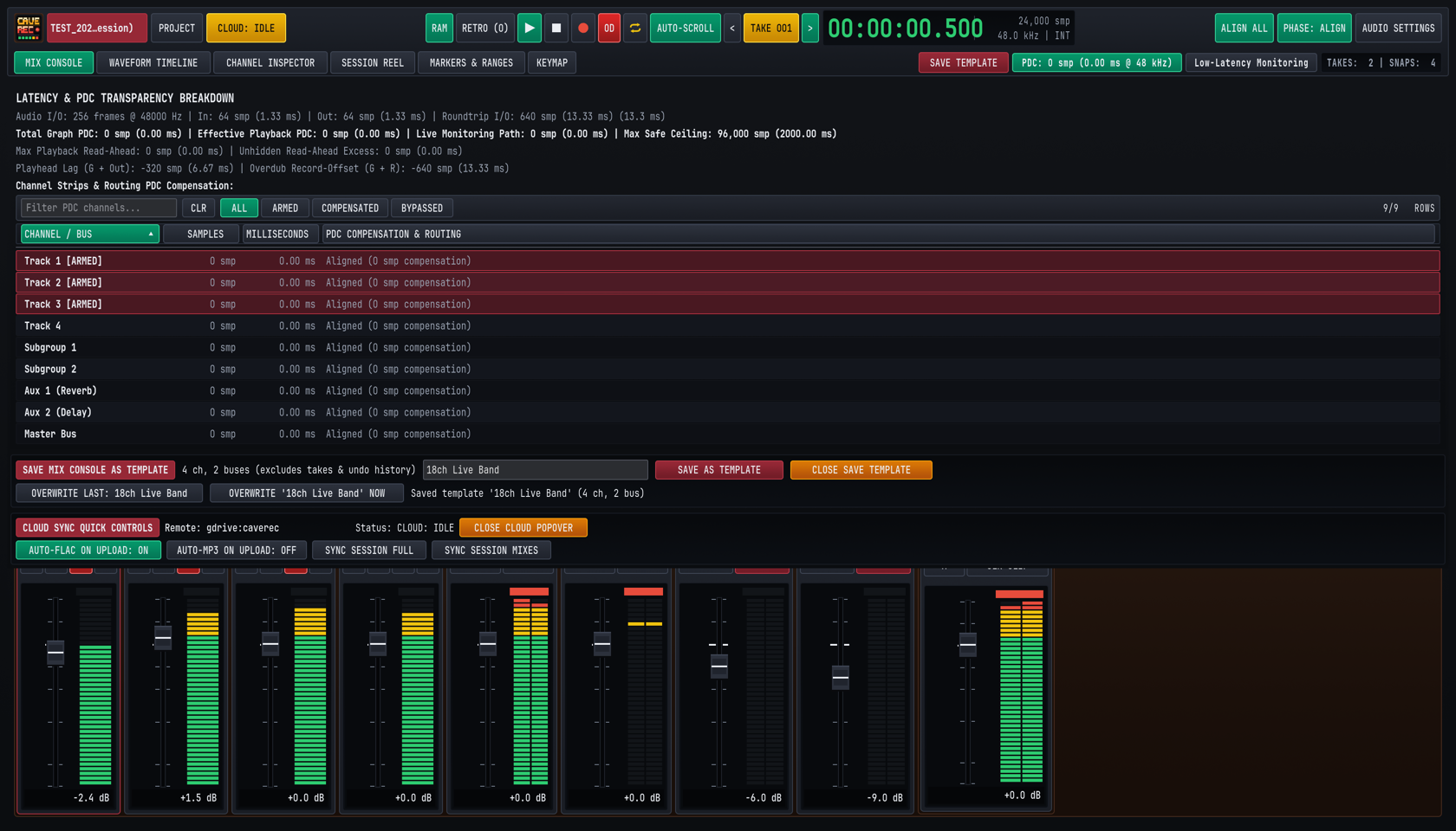 Plugin Delay Compensation (PDC) and Low-Latency Monitoring indicators in the Top Deck.