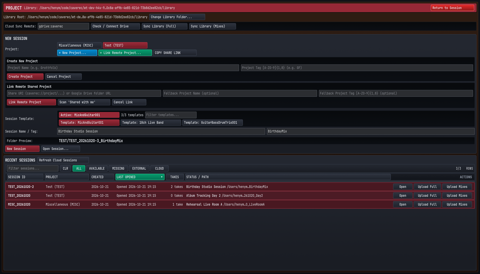 Creating a new Project and Session in the Project Browser modal.