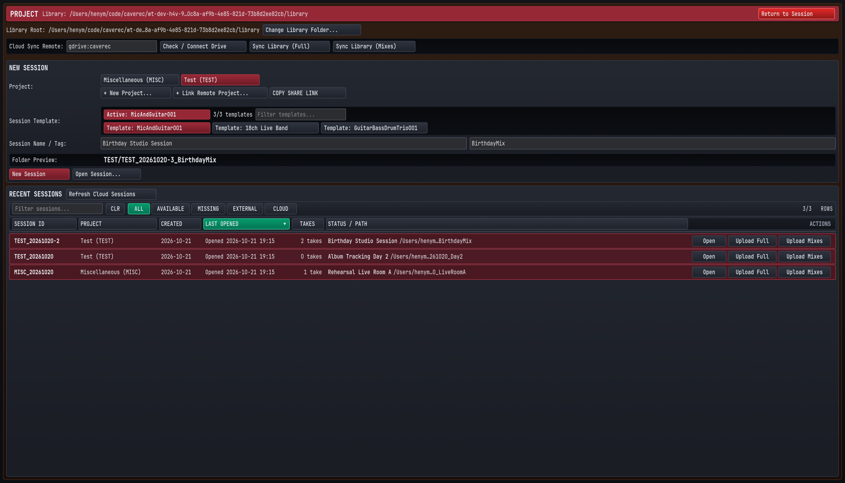 The Project and Session Browser modal showing Projects, Templates, and Session history.