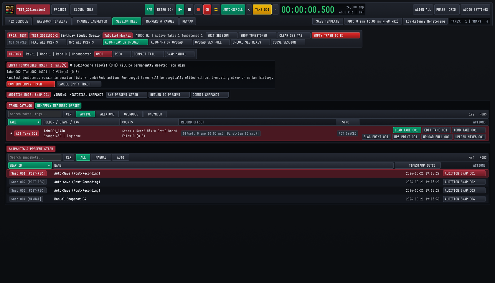 The Session Reel view showing the Empty Trash confirmation banner and the burgundy Audition Mode banner with Present Stash controls.