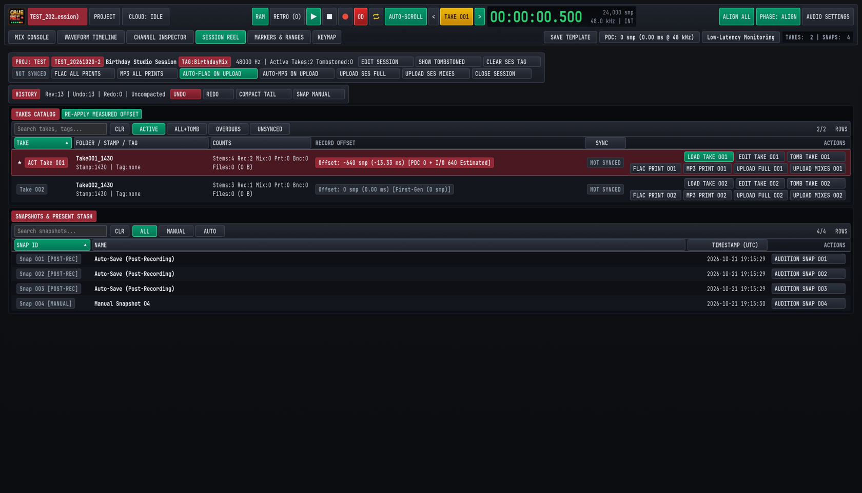 The Session Reel view listing recorded Takes, durations, star ratings, Print conversion buttons, and Snapshot controls.