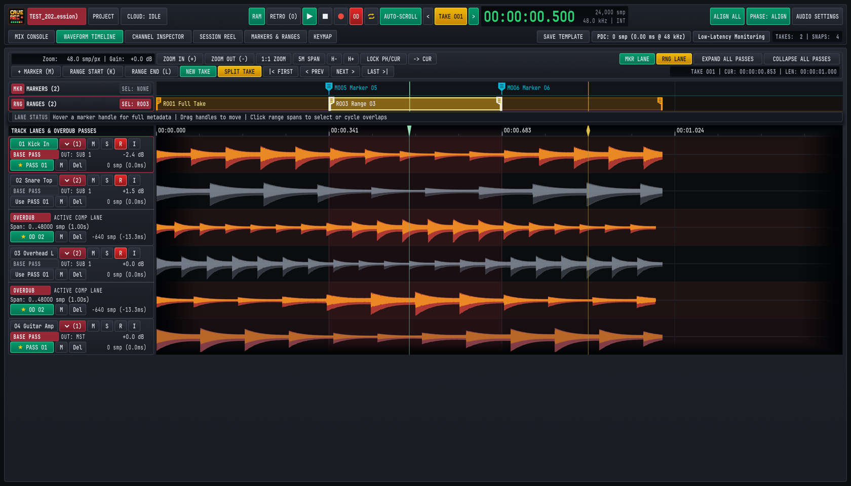 The Waveform Timeline with Pass Lanes expanded on Snare Top and Overhead L tracks for multi-pass comping.