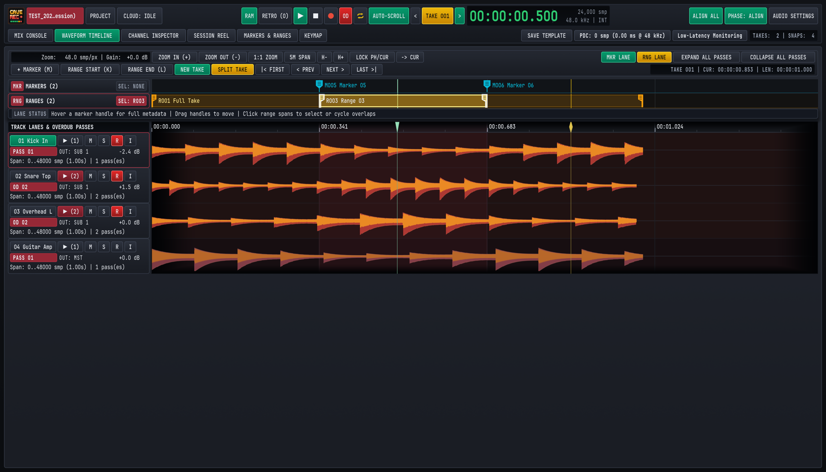 The full-screen Waveform Timeline view showing multi-track waveforms, ruler markers, and transport controls.